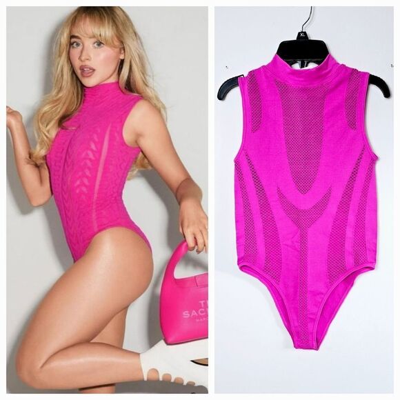 Nylon Mesh Cutout Bodysuit Mockneck  Top FUCHSIA Pink NWT Size S/M and M/L - Picture 1 of 10